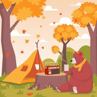 Bear Enjoying Autumn Season with a Cup of Coffee While Listening Radio Under the Beautiful Falling Leaves Scenery