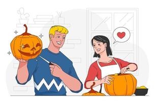 Couple Happily Decorating Pumpkins for Party vector
