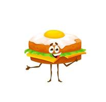 Cartoon burger with egg funny character, fast food vector