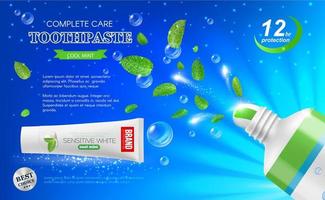 hojas de menta verde y pasta de dientes para el cuidado dental vector