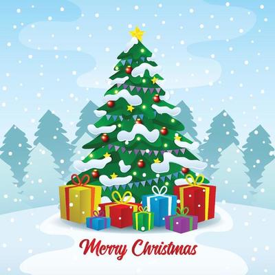 Christmas Tree with Gifts and Snowflakes