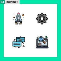Filledline Flat Color Pack of 4 Universal Symbols of rocket dialogue launch cogs chat Editable Vector Design Elements