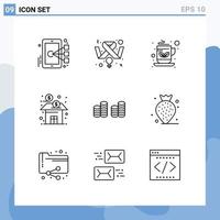 Group of 9 Outlines Signs and Symbols for cash fund breakfast finance bank Editable Vector Design Elements