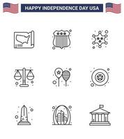 4th July USA Happy Independence Day Icon Symbols Group of 9 Modern Lines of day balloons military scale justice Editable USA Day Vector Design Elements