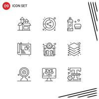 Set of 9 Vector Outlines on Grid for machine process share creative detergent Editable Vector Design Elements