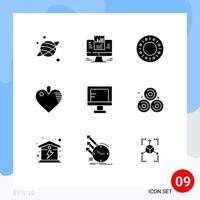 Universal Icon Symbols Group of 9 Modern Solid Glyphs of school online bakery computer heart Editable Vector Design Elements