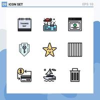 Modern Set of 9 Filledline Flat Colors Pictograph of shield protection layout key web Editable Vector Design Elements