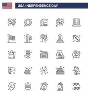 Big Pack of 25 USA Happy Independence Day USA Vector Lines and Editable Symbols of cap american football map united Editable USA Day Vector Design Elements
