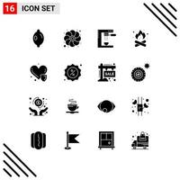 Set of 16 Commercial Solid Glyphs pack for heart care nature espresso hot camping Editable Vector Design Elements