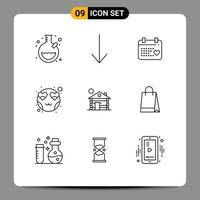 User Interface Pack of 9 Basic Outlines of bag service wedding building smiley Editable Vector Design Elements