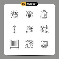 Mobile Interface Outline Set of 9 Pictograms of plumbing mechanical sauna hose currency Editable Vector Design Elements