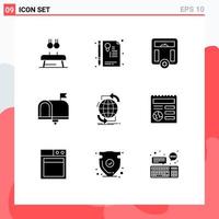 Modern Set of 9 Solid Glyphs Pictograph of in box contact us seal contact weight Editable Vector Design Elements