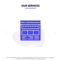 nuestros servicios sitio web navegador negocio página corporativa web página web icono de glifo sólido plantilla de tarjeta web vector