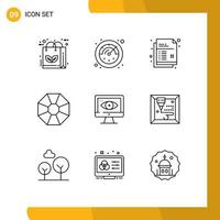 Pack of 9 Modern Outlines Signs and Symbols for Web Print Media such as surveillance computer creative present diamond Editable Vector Design Elements