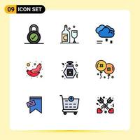 Pack of 9 Modern Filledline Flat Colors Signs and Symbols for Web Print Media such as balloons night raining perfume sausage Editable Vector Design Elements