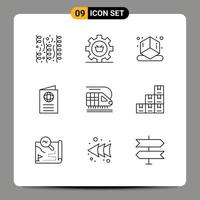 Modern Set of 9 Outlines Pictograph of travel id gear globe shape Editable Vector Design Elements