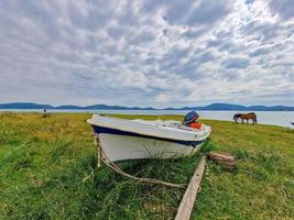 hermoso paisaje alrededor del lago plastira en karditsa, grecia con un bote y caballos a la vista foto