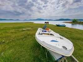 Beautiful landscape around Lake Plastira in Karditsa, Greece with boats and  horses in sight photo