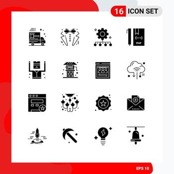 conjunto moderno de 16 glifos y símbolos sólidos, como el desarrollo del traje de codificación, el plan de trabajo, el rendimiento del equipo, los elementos de diseño vectorial editables vector