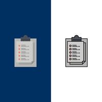 Notepad Report Card Result Presentation  Icons Flat and Line Filled Icon Set Vector Blue Background