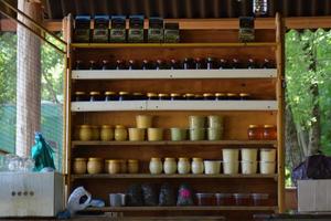 Jars of honey on the counter photo