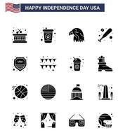 Solid Glyph Pack of 16 USA Independence Day Symbols of festival sign eagle shield hardball Editable USA Day Vector Design Elements