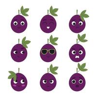Set kawaii passion fruits with different emotions. Cartoon fruits character isolated vector illustration on white background.