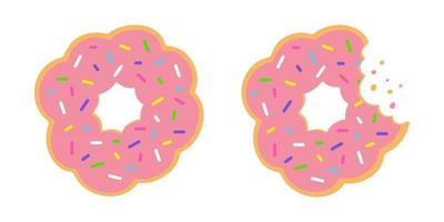 Strawberry mochi donuts with pink glaze and colorful sprinkles. Isolated vector illustration on white background.