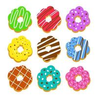 Set mochi donuts with colorful glaze and topping. Isolated vector illustration on white background.