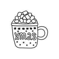 Christmas cup with hot drink and marshmallows. Vector doodle