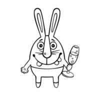 Line Sketch festive cartoon bunny with champagne, vector