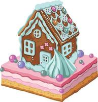 Postcard with hand drawnin gingerbread house isolated on night background. Christmas cookies vector