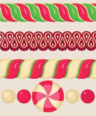 Sweet candy, caramel lollipop set, colored candies collection without wrapper, sugar sweet-stuff food, design element for christmas.