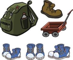 set of camping and hiking equipment, outdoors adventure, recreation tourism. Isolated items needed in the journey. vector