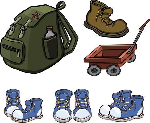 set of camping and hiking equipment, outdoors adventure, recreation tourism. Isolated items needed in the journey.