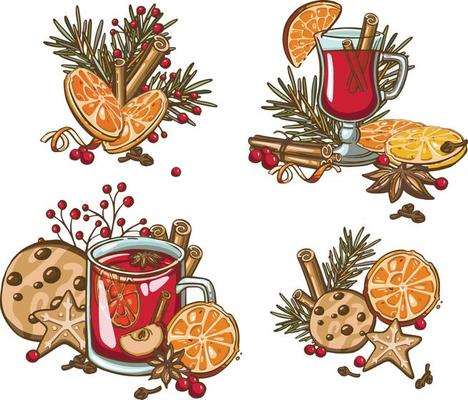 Watercolor Christmas mulled wine. Hand painted wine glass, cinnamon, gingerbread and fir branch isolated on white background. Winter illustration for design, print, fabric.