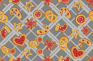 Winter seamless patterns with gingerbread cookies. Awesome holiday background. Christmas repeating texture for surface design, wallpapers, fabrics, wrapping paper etc. vector