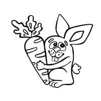 cartoon funny hare hugging with a big carrot, vector line