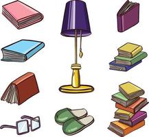 juego de libros para leer, libros de texto, lámpara, gafas de color vector