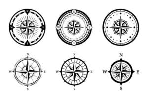 conjunto de compas de rosa de los vientos marinos aislado sobre fondo blanco. vector