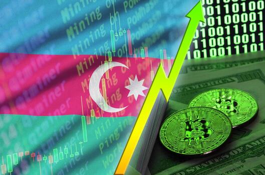Azerbaijan flag and cryptocurrency growing trend with two bitcoins on dollar bills and binary code display photo