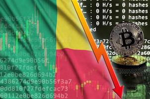 bandera de benin y flecha roja que cae en la pantalla de minería de bitcoin y dos bitcoins dorados físicos foto