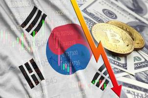 South Korea flag and cryptocurrency falling trend with two bitcoins on dollar bills photo