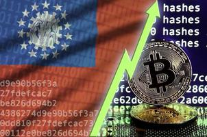 Myanmar flag and rising green arrow on bitcoin mining screen and two physical golden bitcoins photo