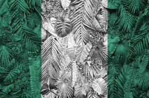 Nigeria flag depicted on many leafs of monstera palm trees. Trendy fashionable backdrop photo