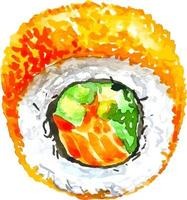 Watercolor sushi roll with salmon and caviar asian food illustration for menu vector