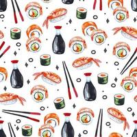 Watercolor seamless pattern asian food sushi aesthetic for decor vector