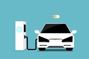 Flat vector illustration of electric car charging at the charger station. Electromobility e-motion concept.