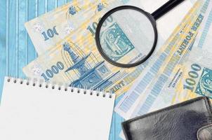 1000 Hungarian forint bills and magnifying glass with black purse and notepad. Concept of counterfeit money. Search for differences in details on money bills to detect fake photo