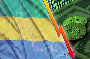 Gabon flag and cryptocurrency falling trend with two bitcoins on dollar bills and binary code display photo